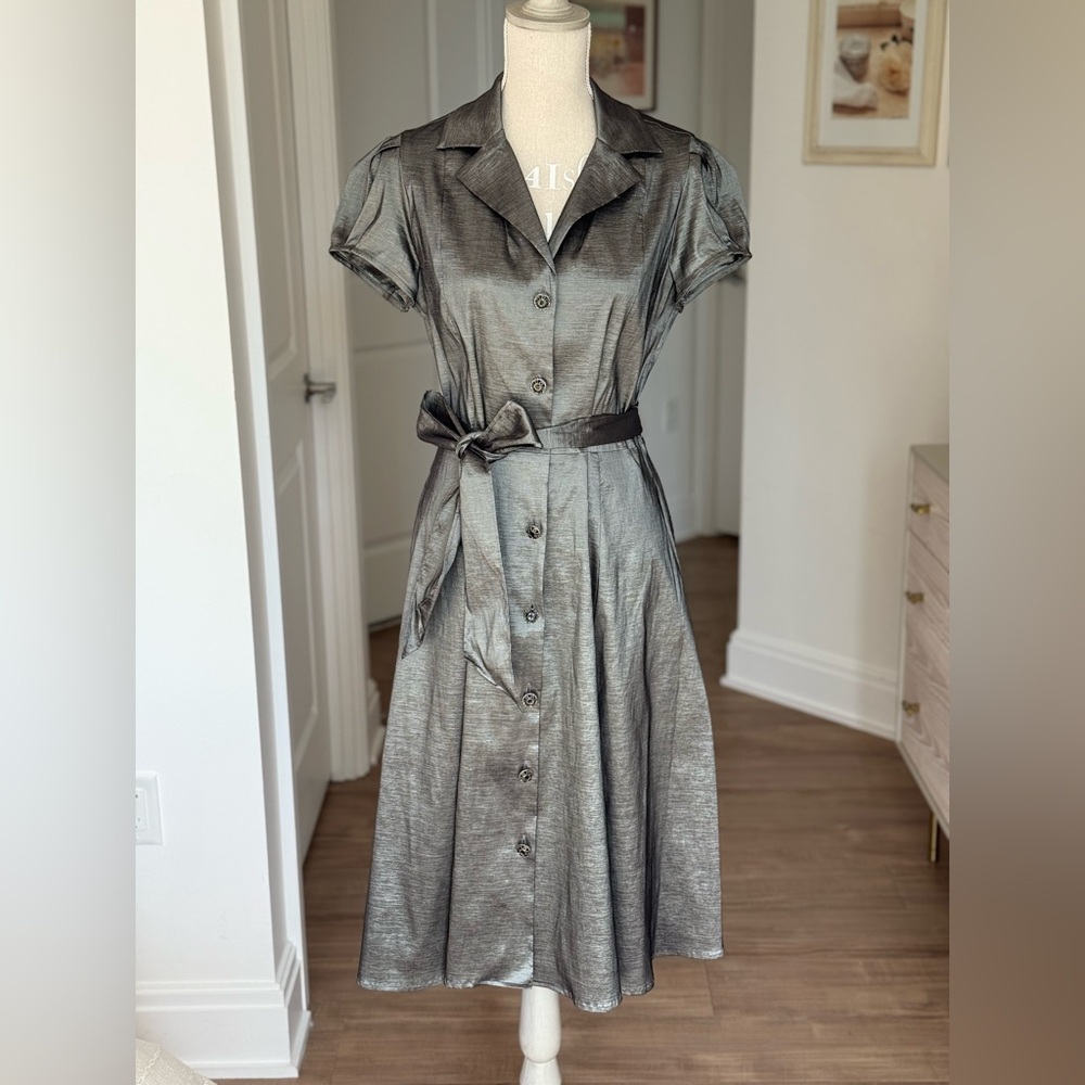 Liz Claiborne Shimmering Silver Button-Down Midi Dress
